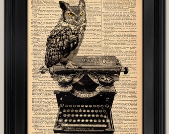Owl on Vintage Typewriter art print. Great Graduation Gift Vintage book page art print. Print on book page.