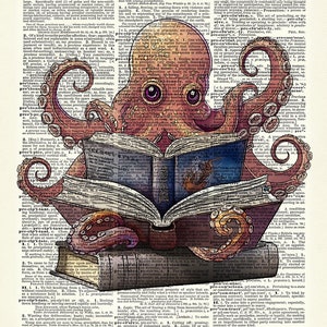 Octopus wall art with books. Octopus Print has the look of an Ink drawing with color.  Art print on dictionary page.
