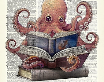 Octopus wall art with books. Octopus Print has the look of an Ink drawing with color.  Art print on dictionary page.