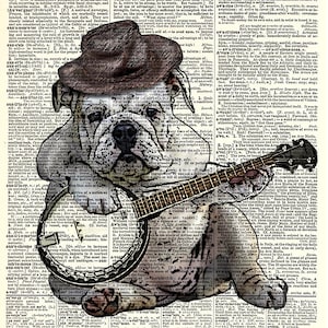 Book Page Art Print, Banjo Playing Bulldog Art Print. Vintage book page art print. Print on dictionary page.