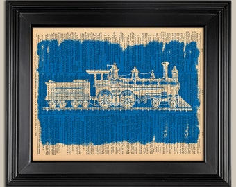 Train Blueprint Vintage Style print. Vintage book page art print. Print on book page.  Fits 8"x10" frame.