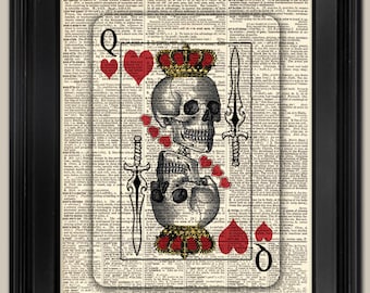 Skull Queen of Hearts Playing Card. Wall art. Upcycled vintage book page art print. Print on book page. Fits 8"x10" frame.