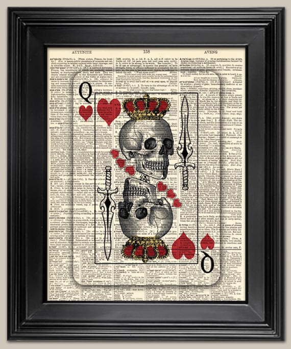 Skull Queen of Hearts Playing Card. Wall Art. Upcycled Vintage