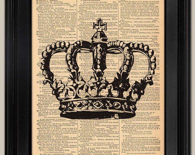 Crown art print. Upcycled vintage book page art print. Print on book page.  Fits 8"x10" frame.