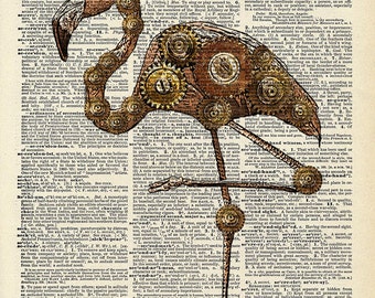 Flamingo Steampunk art print. Mr. Flamingo with top hat and Gears. Vintage book page art print.  Print on book page.