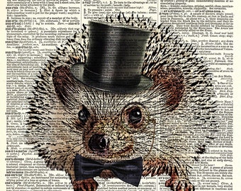 Dapper Hedgehog art print.  Vintage book page art print.  Print on book page.