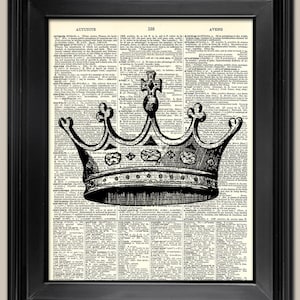 Queen&#39;s Crown art print. Upcycled vintage book page art print. Print on book page.  Fits 8&quot;x10&quot; frame.