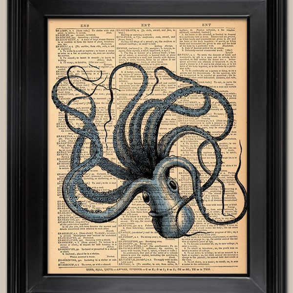 Octopus Art Print. Vintage book page art print. Print on book page.  Fits 8"x10" frame.