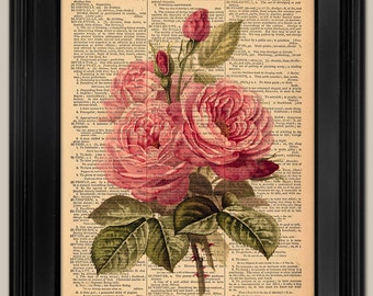 Pink Roses vintage painting -14. Mother's gift. Upcycled vintage book page art print. Print on book page. Fits 8"x10" frame.