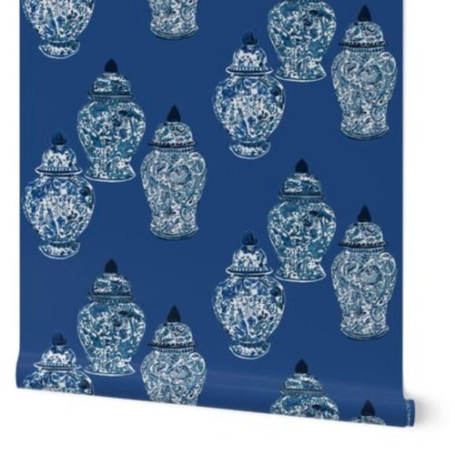 Blue & White Ginger Jar Wallpaper on a Blue Background - Etsy