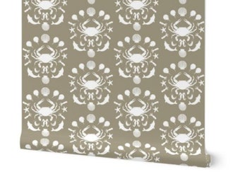 Seafood Toile  Wallpaper - Taupe & WHITE- SMALL SCALE