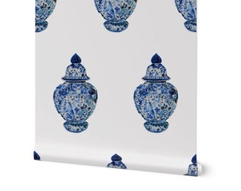 Blue & White Ginger Jar Wallpaper on a ivory background