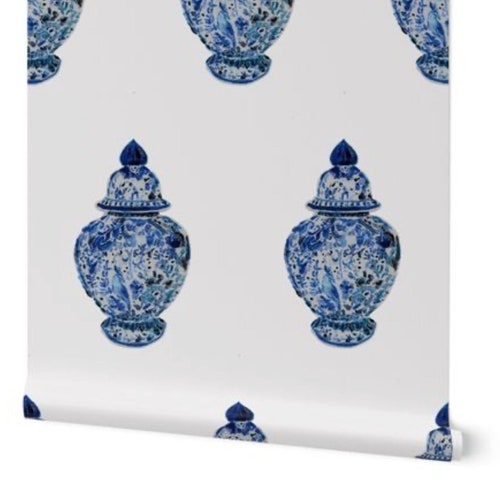 Blue & White Ginger Jar Wallpaper on a Blue Background Etsy