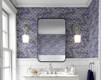 Zebra Swirls  Wallpaper - Navy Blue & White - large scale  (Removal and Classic Pre-Pasted Options).