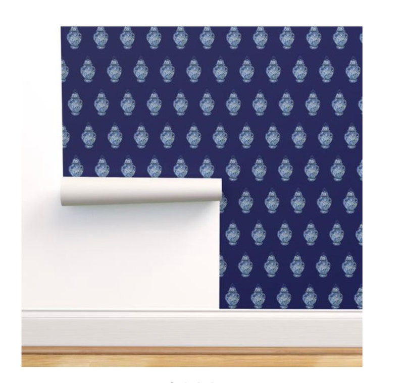 Blue & White Ginger Jar Wallpaper on a Midnight Blue Background SMALL