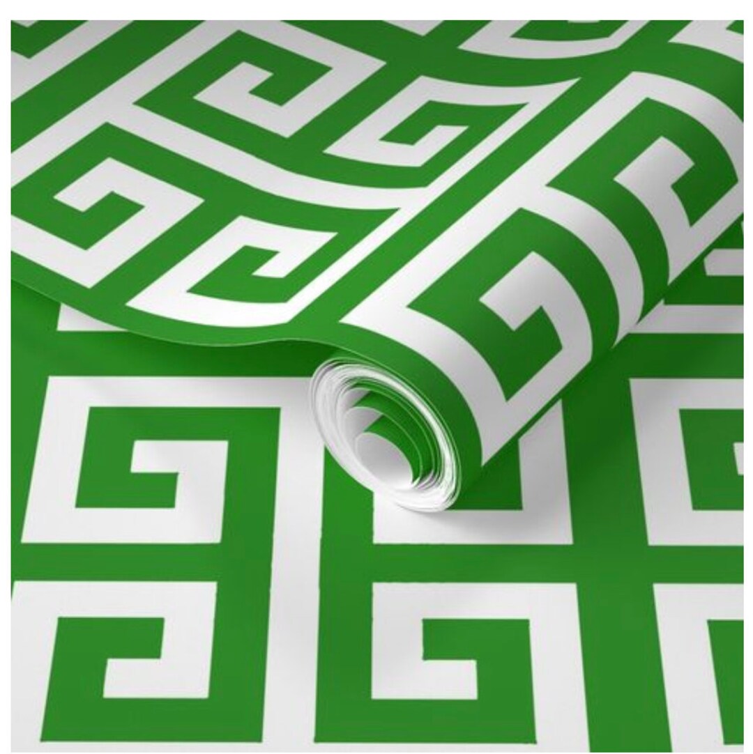 Traditional Greek Key Wallpaper in Kelly Green and White Etsy