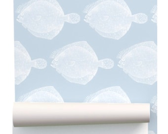 Vintage Flounder Fish Illustration Wallpaper - beach house blues