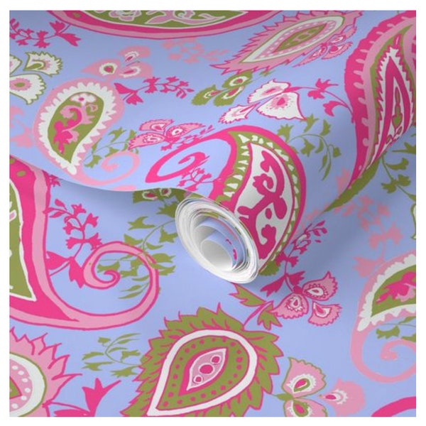 So Groovy, a Retro Paisley  Wallpaper in lilac periwinkle and pink/green.  (Prepasted and Peel and Stick  Options).