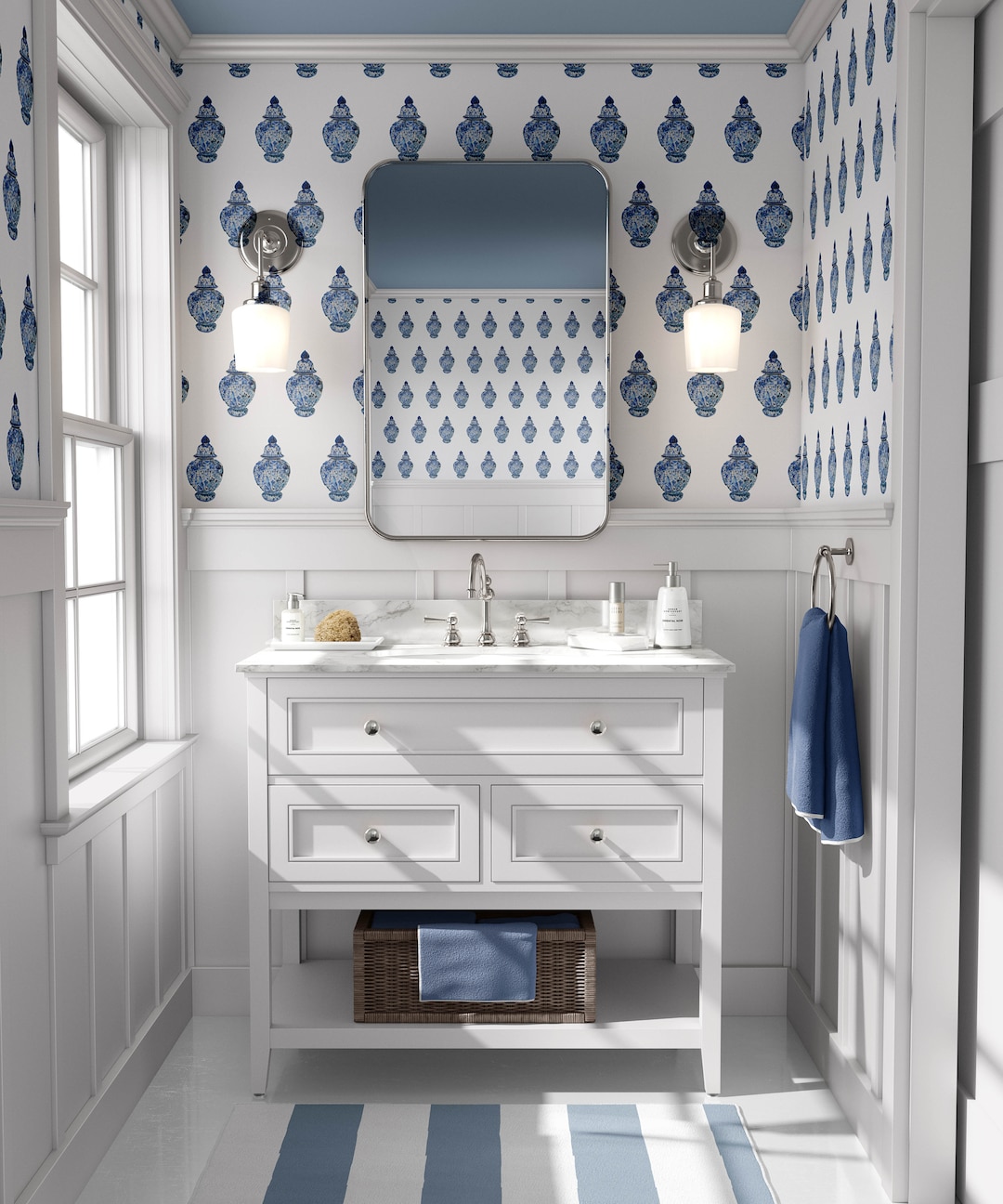 Blue & White Ginger Jar Wallpaper on a Ivory Background SMALL Etsy