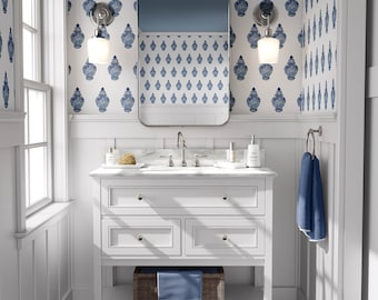 Blue & White Ginger Jar Wallpaper on a ivory background SMALL SCALE