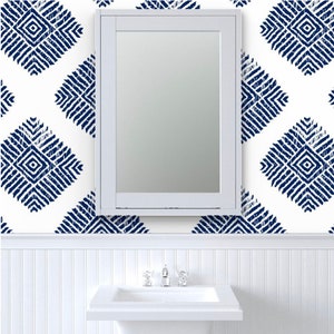 Tribal Ikat Diamonds - White and Navy Blue Wallpaper (pre-pasted and peel & stick options)