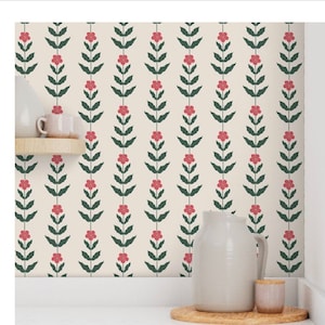 Staggered Flower Striped Wallpaper - Tomato Bisque and Beige