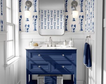 Lobster Wood Block Print - Wallpaper -  White & Navy