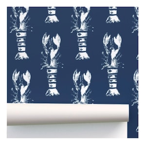 Lobster Wood Block Print - Wallpaper - Navy & White