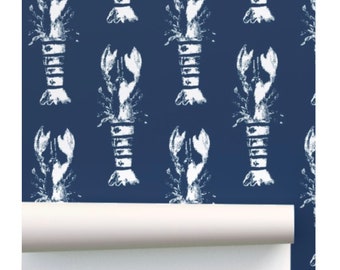 Lobster Wood Block Print - Wallpaper - Navy & White