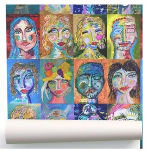 May include: A colorful collage of 12 abstract faces painted in various styles. The faces are all different shapes and sizes, and they are painted in a variety of bright colors. The background of the collage is a patchwork of different colors.
