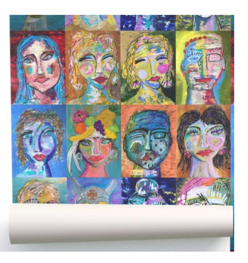 May include: A colorful collage of 12 abstract faces painted in various styles. The faces are all different shapes and sizes, and they are painted in a variety of bright colors. The background of the collage is a patchwork of different colors.