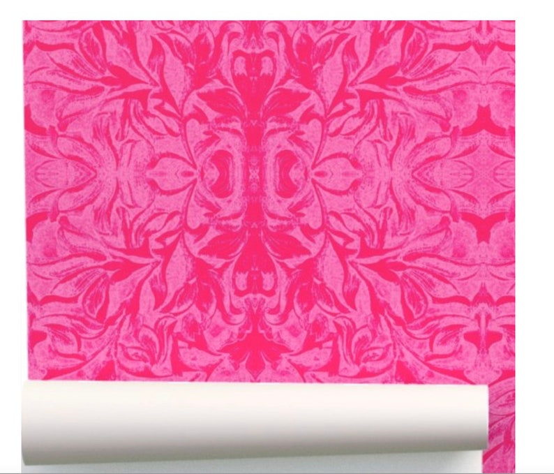 Carved Lilies Damask Wallpaper Hot Lipstick Pink 2' x 9' Roll