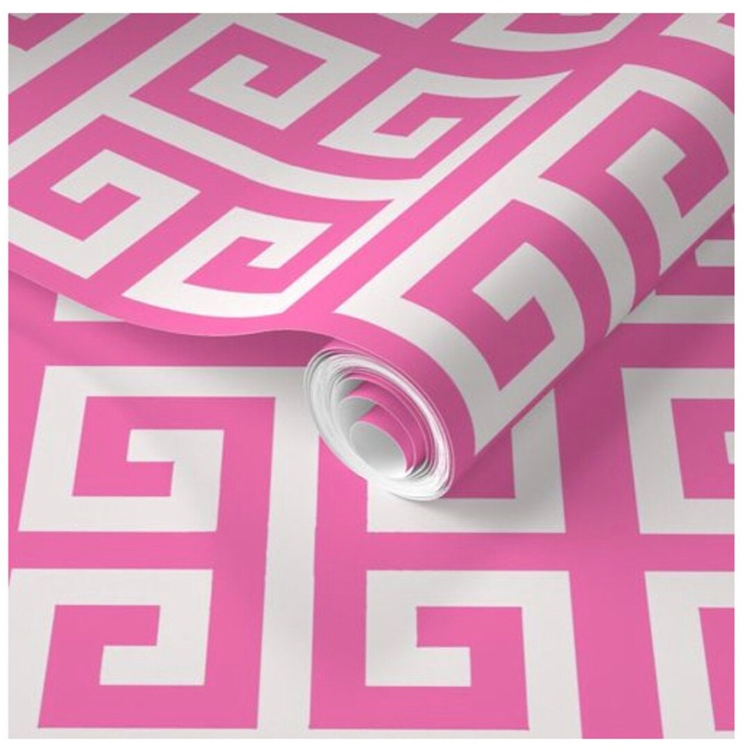 Traditional Greek Key Wallpaper in Hibiscus Pink and White Etsy