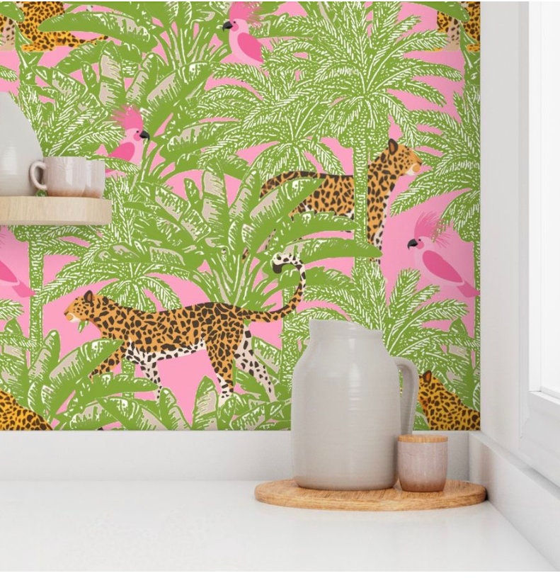 Pink Raptor Wallpaper LEOPARDS in a Pink Jungle Wallpaper - Etsy