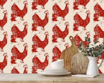 Rustic Red Rooster  Wallpaper - Red and Taupe