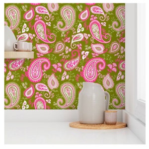 Retro Paisley Wallpaper: Avocado Green & Pink (Peel and Stick Options)