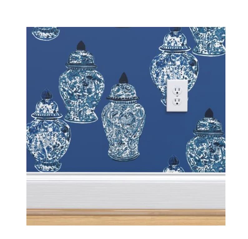 Blue & White Ginger Jar Wallpaper on a Blue Background Etsy