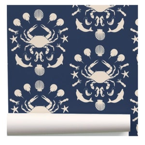 Seafood Toile  Wallpaper - Navy and Taupe