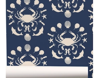 Seafood Toile  Wallpaper - Navy and Taupe