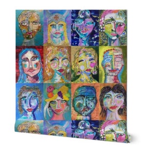 May include: A colorful collage of 16 abstract faces, each with unique features and expressions. The faces are painted in a variety of bright colors, including blue, green, yellow, orange, red, and purple. The faces are arranged in a grid pattern, and each face is surrounded by a thin black line.