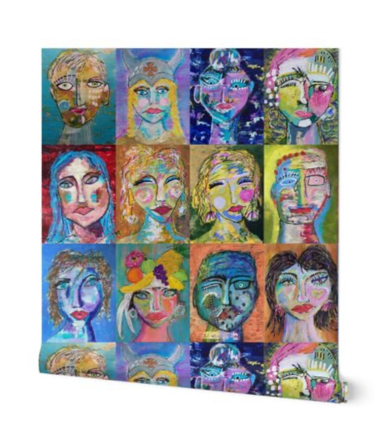 May include: A colorful collage of 16 abstract faces, each with unique features and expressions. The faces are painted in a variety of bright colors, including blue, green, yellow, orange, red, and purple. The faces are arranged in a grid pattern, and each face is surrounded by a thin black line.
