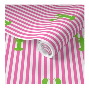 Preppy Nautical Pink & Green Lobster Striped  Wallpaper