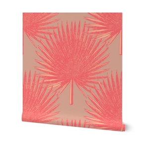Palmetto Leaves in a Coral Peach and Beige Wallpaper