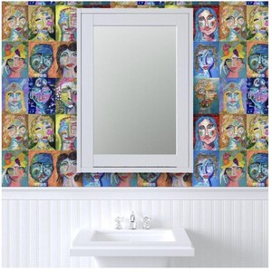 May include: A white bathroom vanity with a medicine cabinet above the sink. The walls are covered in colorful wallpaper with a pattern of painted faces.