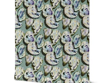 May include: A seamless pattern featuring watercolor illustrations of oysters on a light green background. The oysters are painted in shades of blue, green, and white.