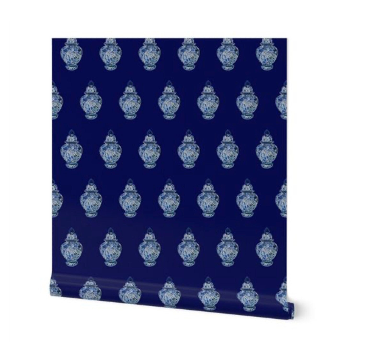 Blue & White Ginger Jar Wallpaper on a Midnight Blue Background SMALL