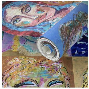 May include: A roll of colorful wallpaper with a repeating pattern of abstract faces. The wallpaper is blue, pink, yellow, green, and brown. The faces are drawn in a loose, expressive style.