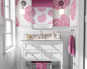 May include: A white bathroom vanity with three drawers and a lower shelf. The vanity has a white countertop with a sink and chrome faucets. The walls are white with a pink and white seashell pattern wallpaper. The floor is pink and white striped.