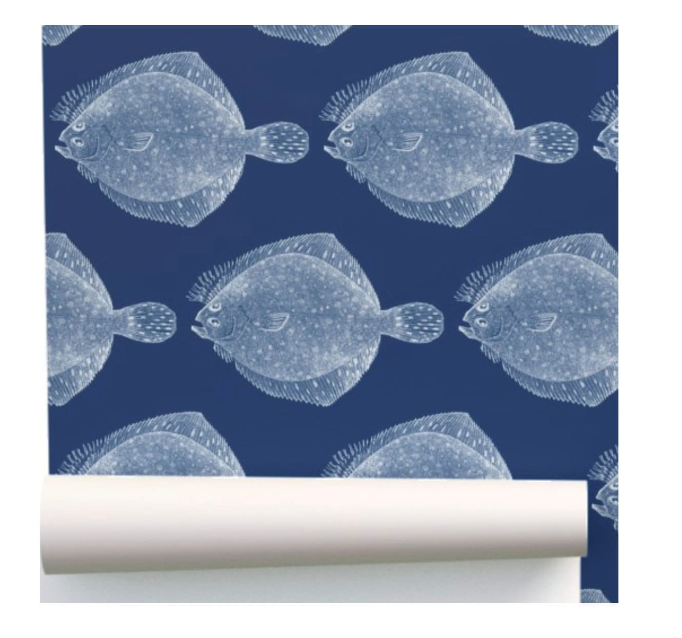 Vintage Flounder Fish Illustration Wallpaper - White and Blue