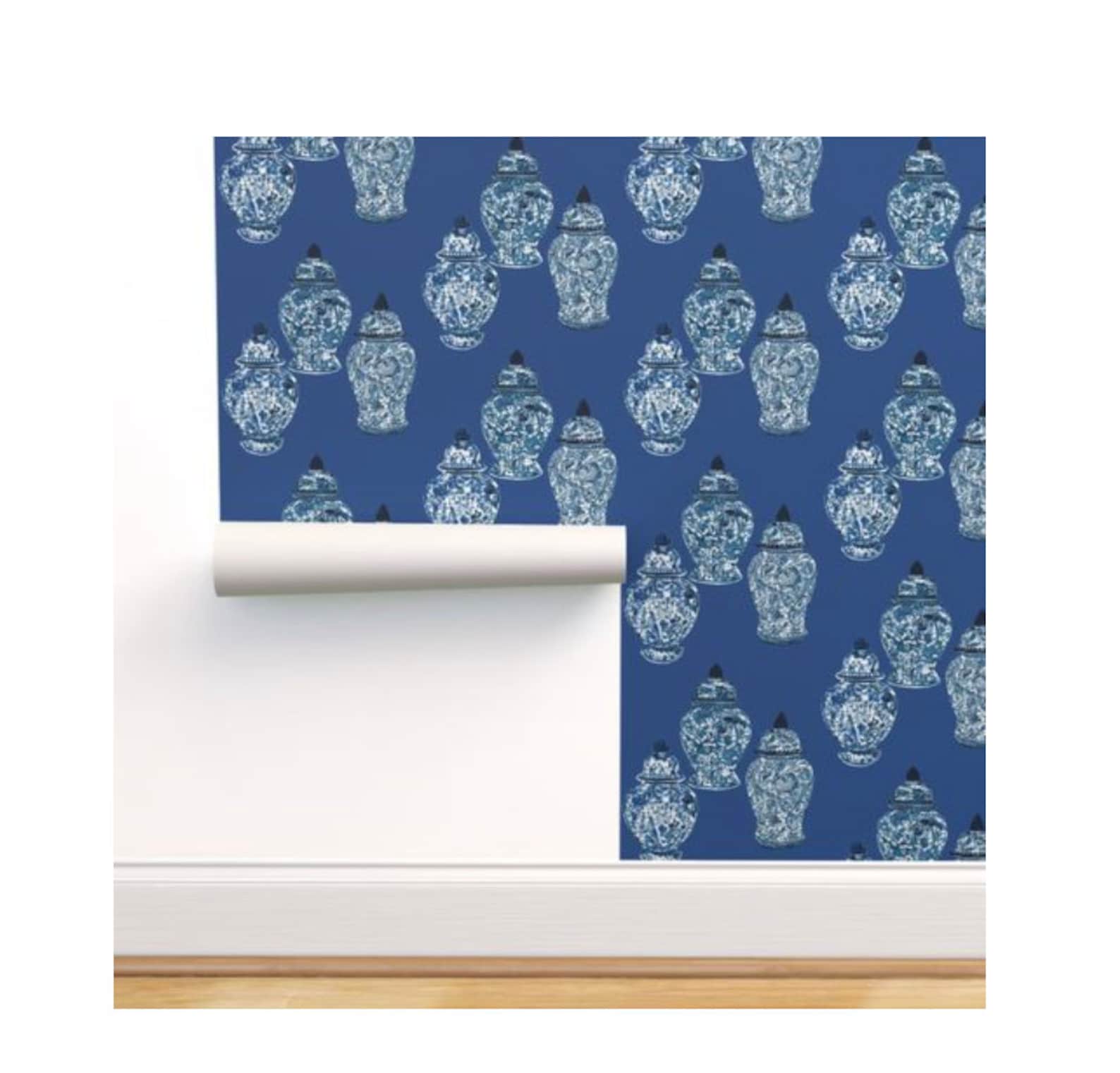 Blue & White Ginger Jar Wallpaper on a Blue Background Etsy